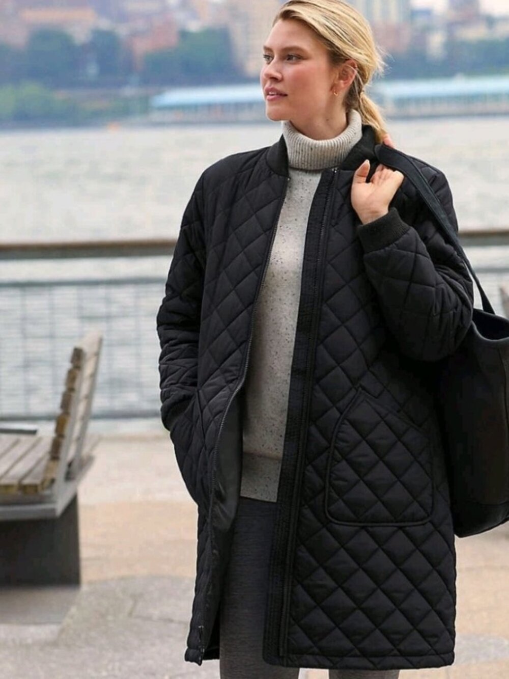 Lands' End FeatherFree Black Quilted Long Bomber Jacket